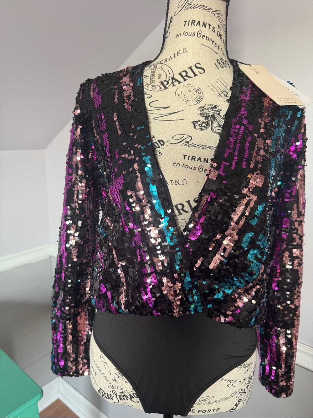 Club L London Sequin Plunge Wrap Bodysuit with Black/Pink/Teal Sequins Size :UK8